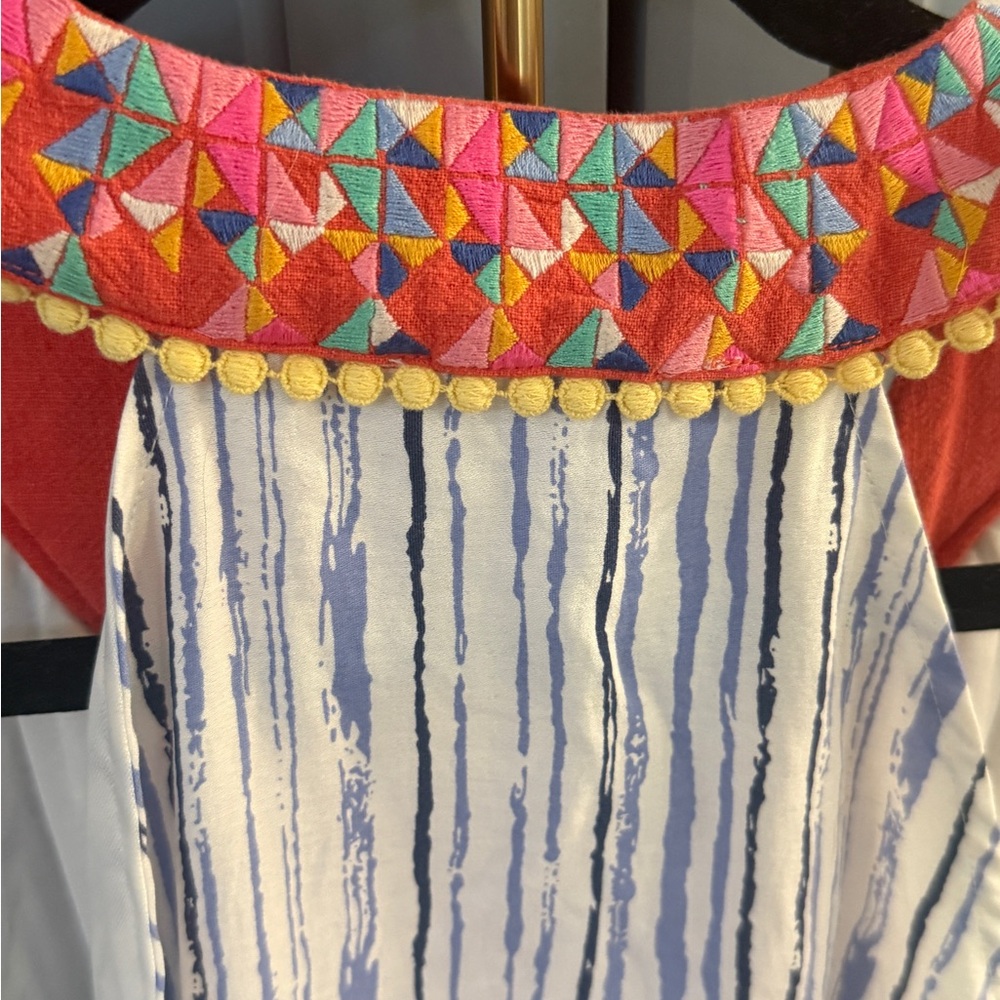 THML Women’s Dress with Blue Stripes and Embroidered Geometric Neckline - Picture 8 of 8